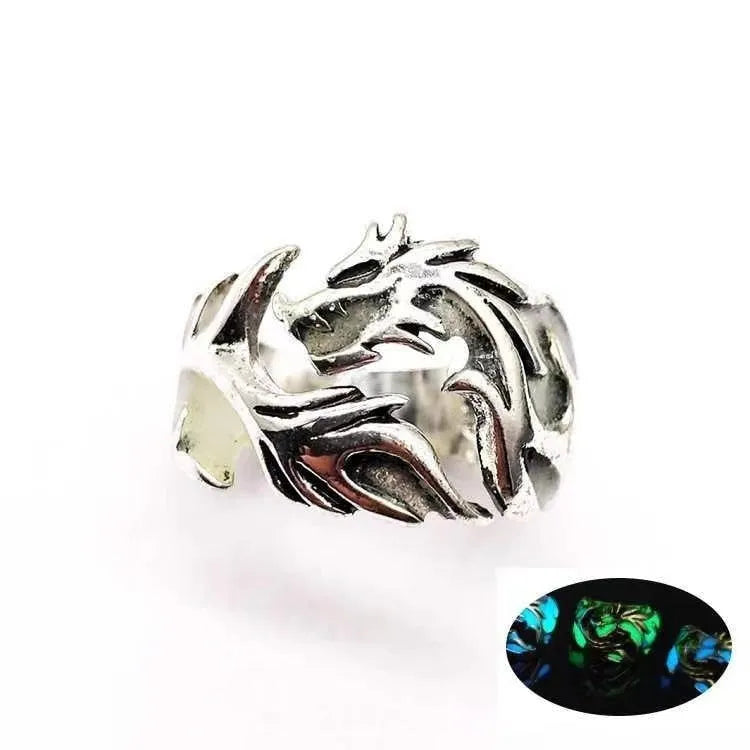 Adjustable Chinese dragon pattern ring in antique silver blue and green colour