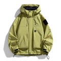 Men's black waterproof hooded coat on a hanger, showing regular length and long sleeves.