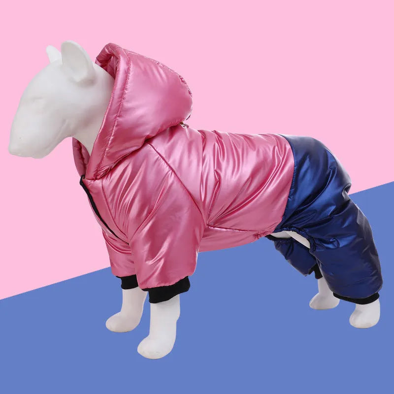 Green waterproof four-legged dog coat on a pet, showing full torso and leg coverage.