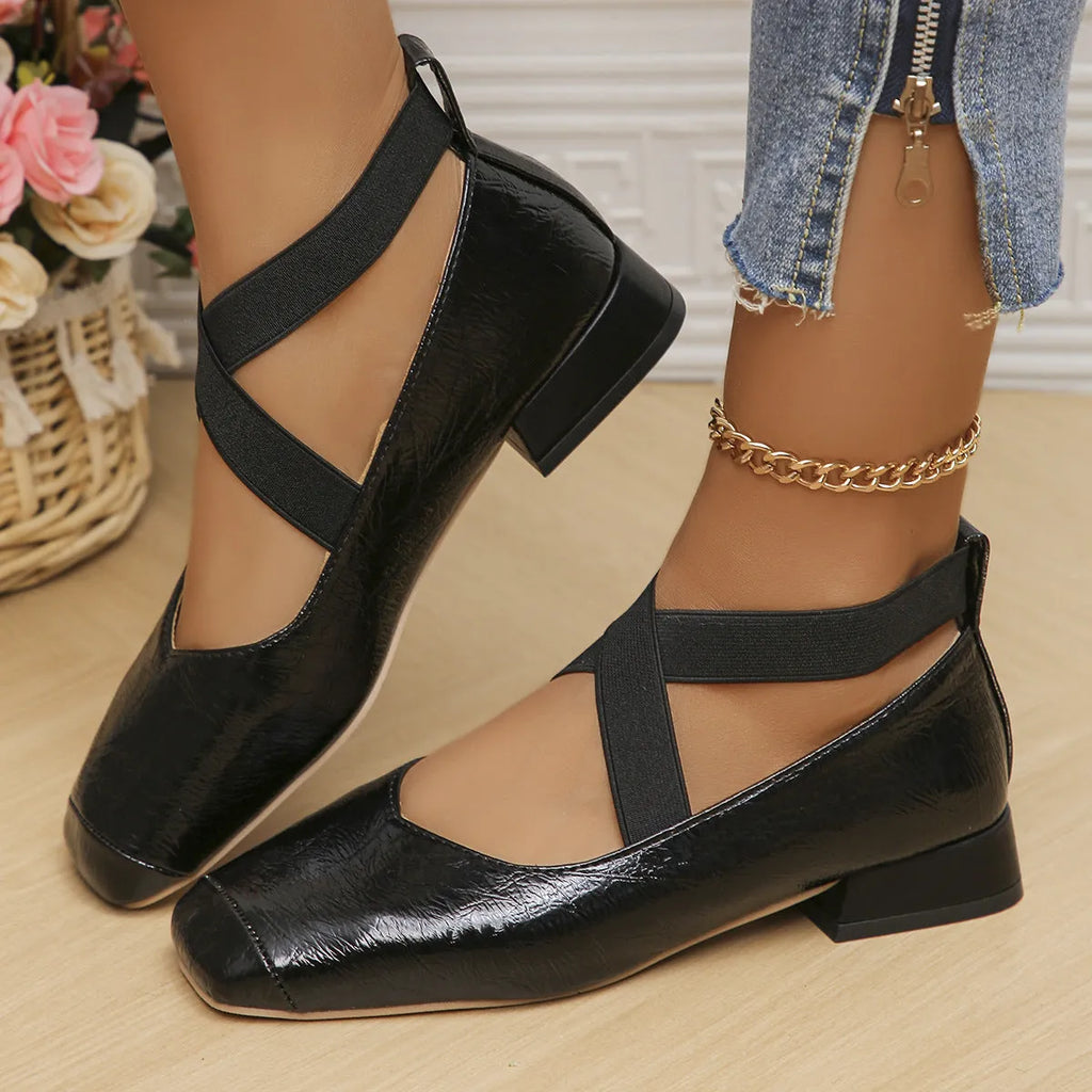 Slip-on square-toe evening pumps in black, gold, or silver with a low rubber sole heel.