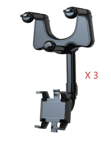 Black rearview mirror car phone holder with telescopic arm and rotating phone clamp.