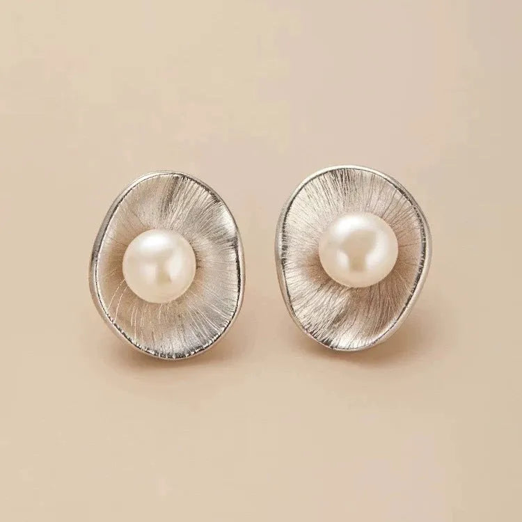 Gold geometric pearl earrings on sterling silver posts for women's jewellery