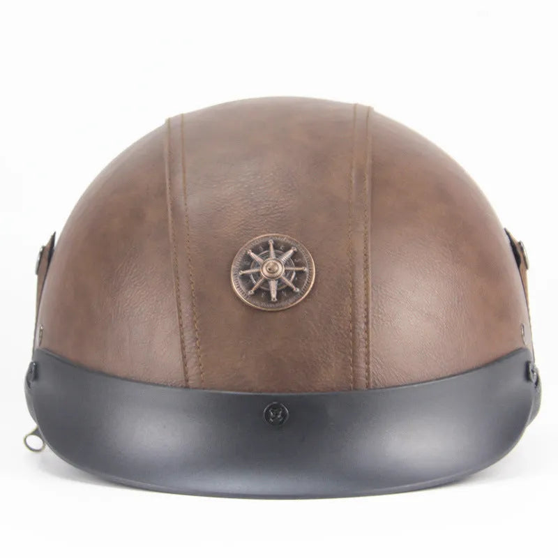Retro leather motorcycle helmet with half pedal design in black or dark brown colours