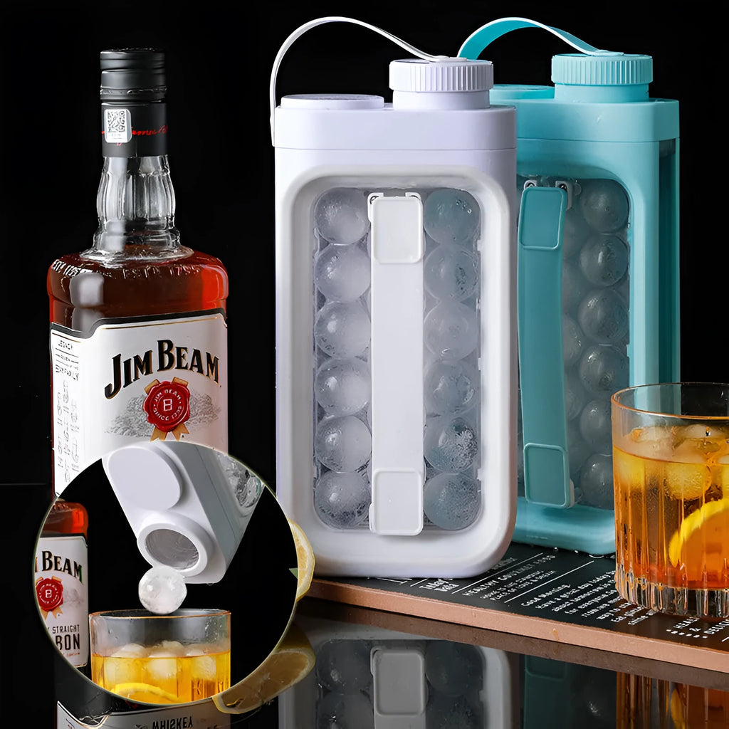 Light blue and white 2-in-1 portable ice ball maker with quick release mechanism for 17 ice balls