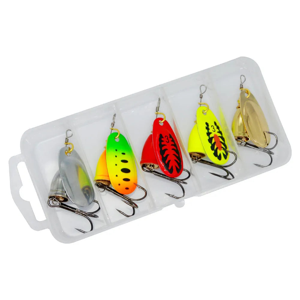 R-type metal fishing lure with rotating sequins and copper bell in seven colour options including yellow green, gold mesh, red, and rose gold