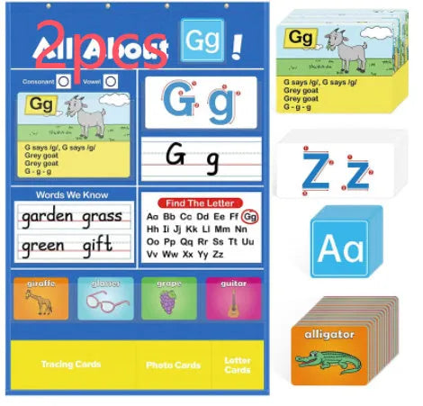Alphabet learning chart with letter cards, word cards, and picture cards laid out on a table.