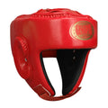 Red fully enclosed boxing helmet with jaw protection on white background