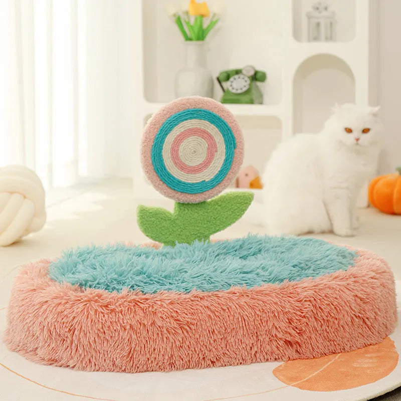Pink elliptical plush cat nest bed, disassembled to show washable design.