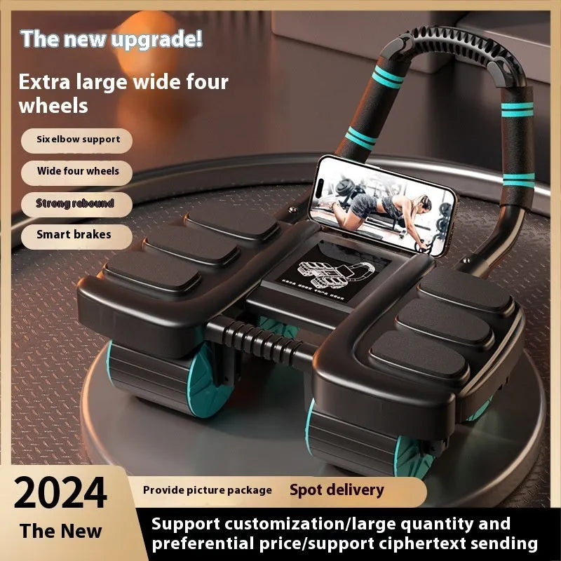 Orange intelligent four-wheel abdominal wheel with automatic rebound and elbow support on a gym mat