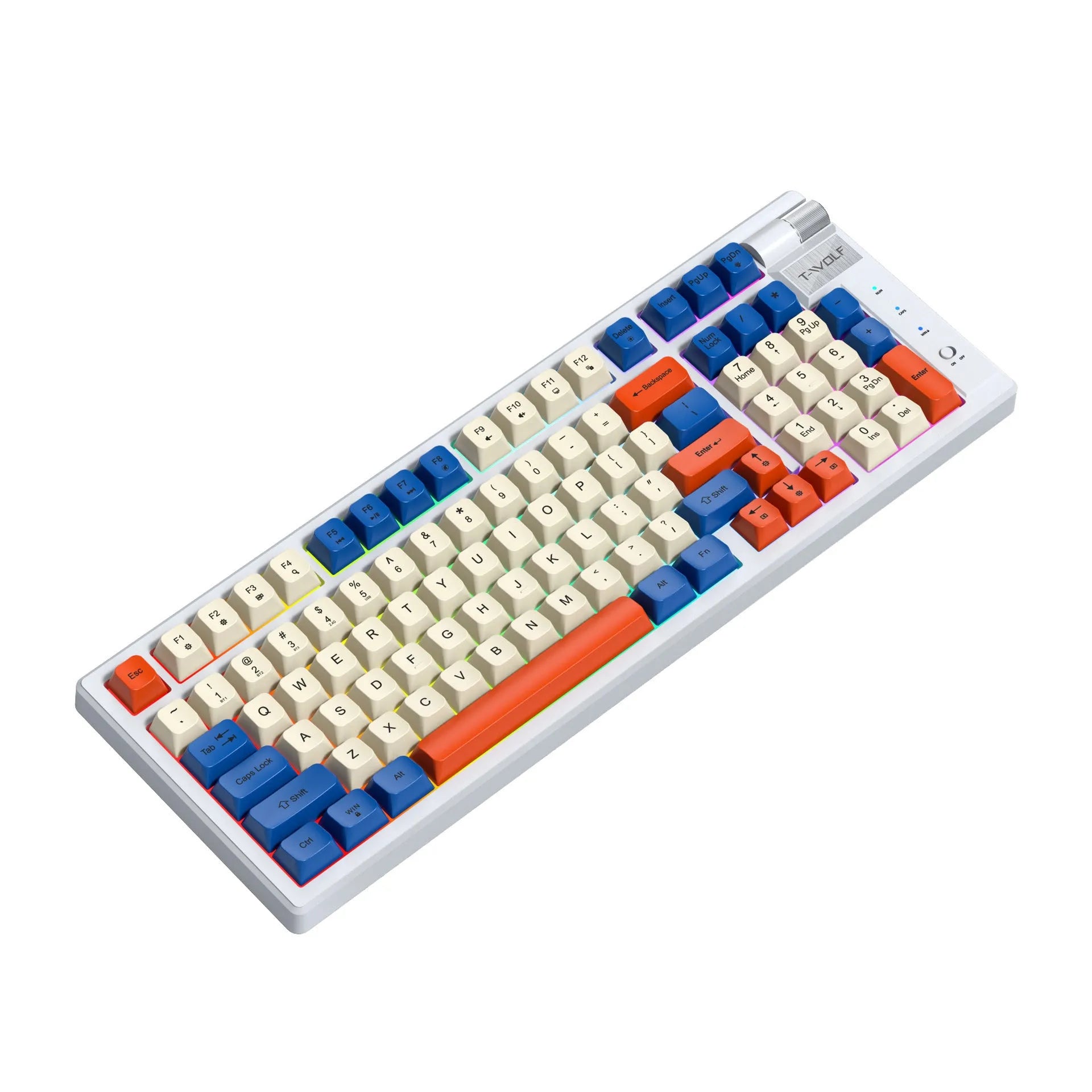 Bluetooth mechanical gaming keyboard in black and red or blue orange colours with USB receiver and cable