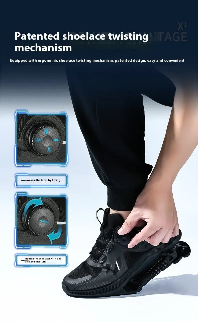 Black mid-top running shoes with mesh upper, leather stitching, and buckle closure on a rubber EVA sole.