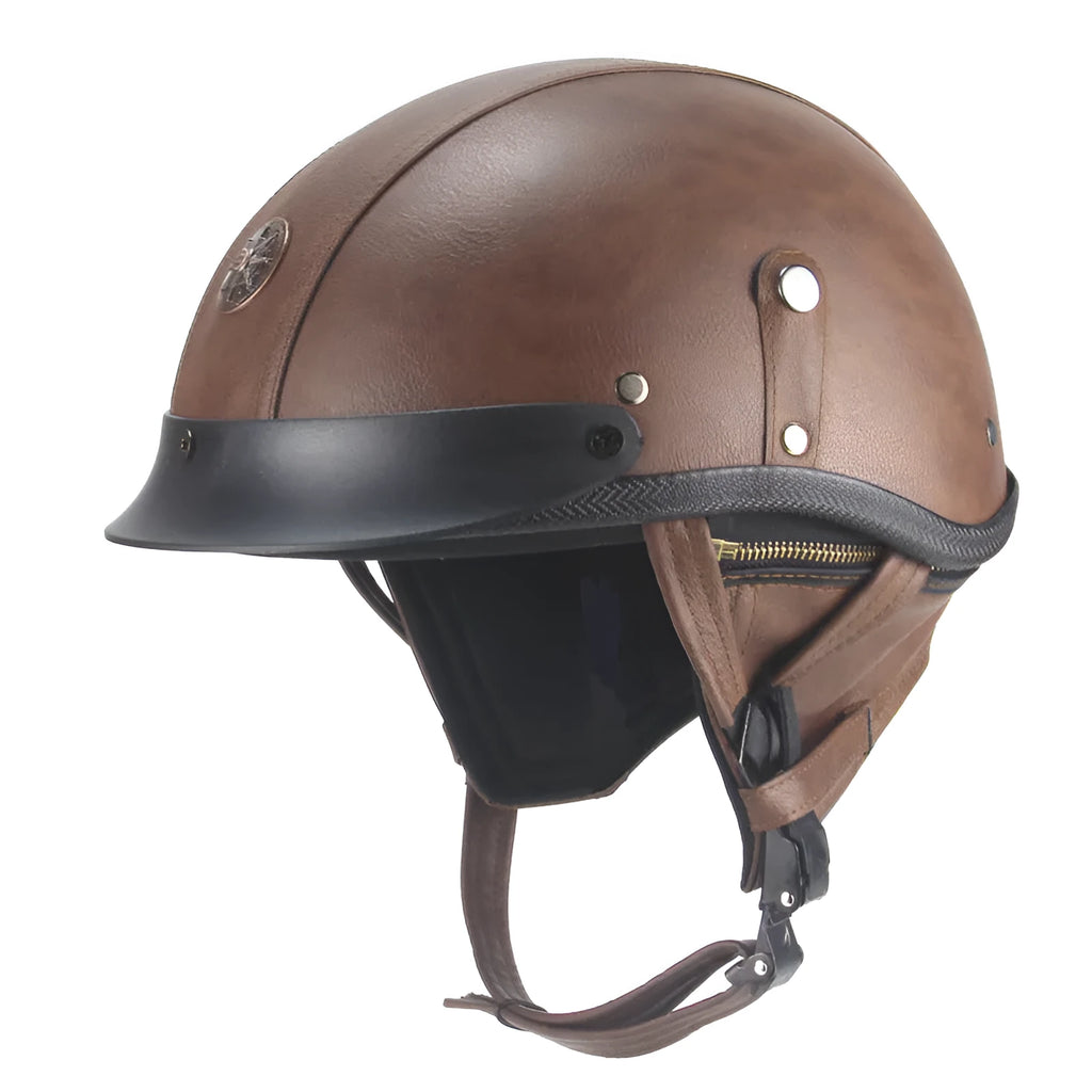 Retro leather motorcycle helmet with half pedal design in black or dark brown colours
