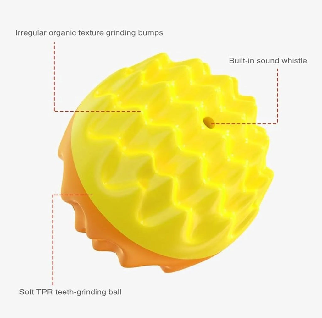 Blue rubber dog ball with spiky texture for dental cleaning and squeaky sounds