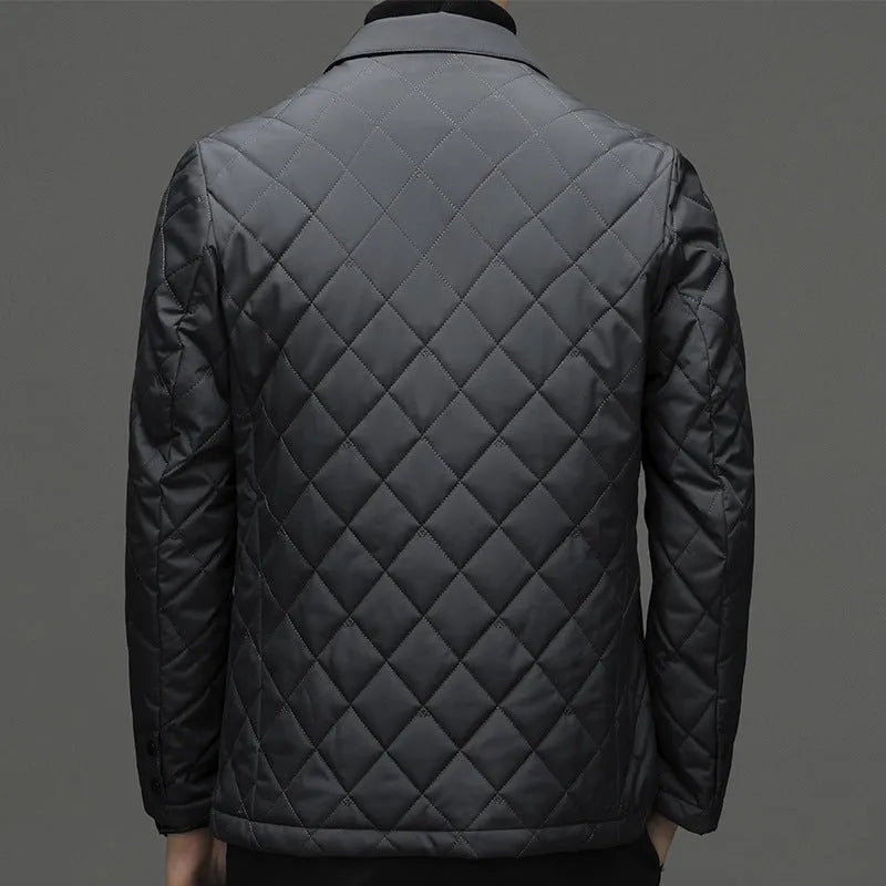 Men's solid colour thick down jacket with lapel, cardigan style, and side seam pockets