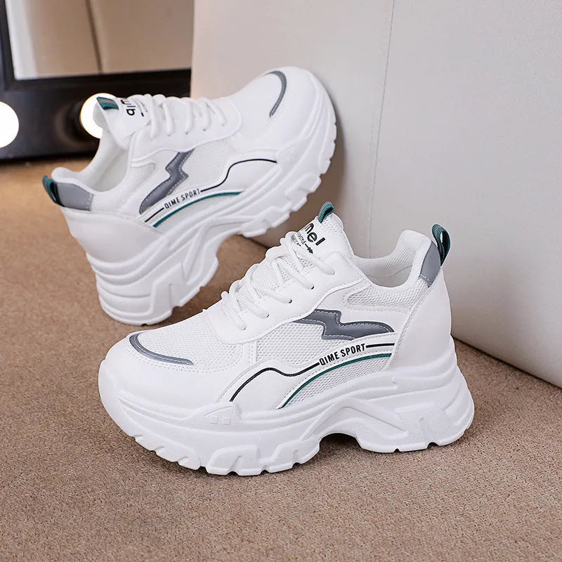 Women's white height increasing dad shoes with cross shoulder straps and rubber sole