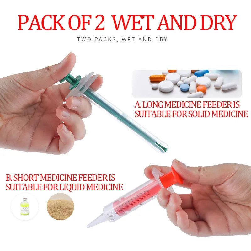Two reusable pet pill shooter syringes with soft silicone tips, for tablets and capsules
