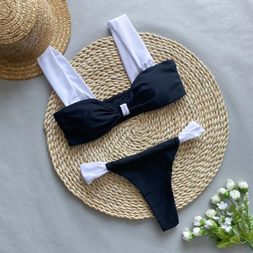Women's black leopard print bikini swimsuit with tube top and Asian sizing options
