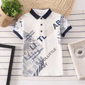 Boys' solid colour cotton short sleeve shirt with lapel collar on hanger.