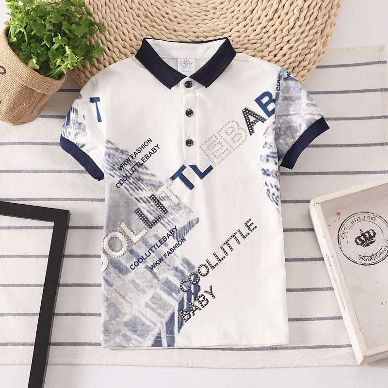 Boys' solid colour cotton short sleeve shirt with lapel collar on hanger.