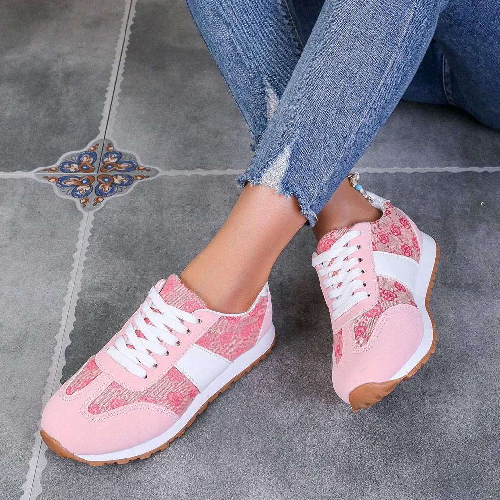 Women's oversized casual lace-up shoes with floral design in khaki colour showing round toe and cross-strap detailing