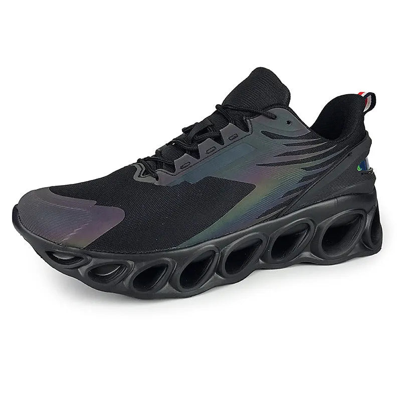 Casual low-top sports shoes in black with mesh upper, round toe, and white EVA sole on a plain background.