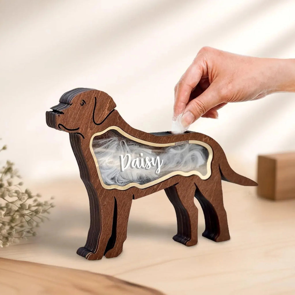 Black wooden pet hair storage box for organising grooming tools and accessories.