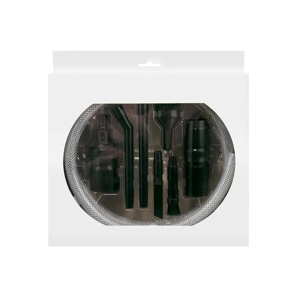 Boxed set of eight small vacuum cleaner suction head attachments for detailed cleaning.
