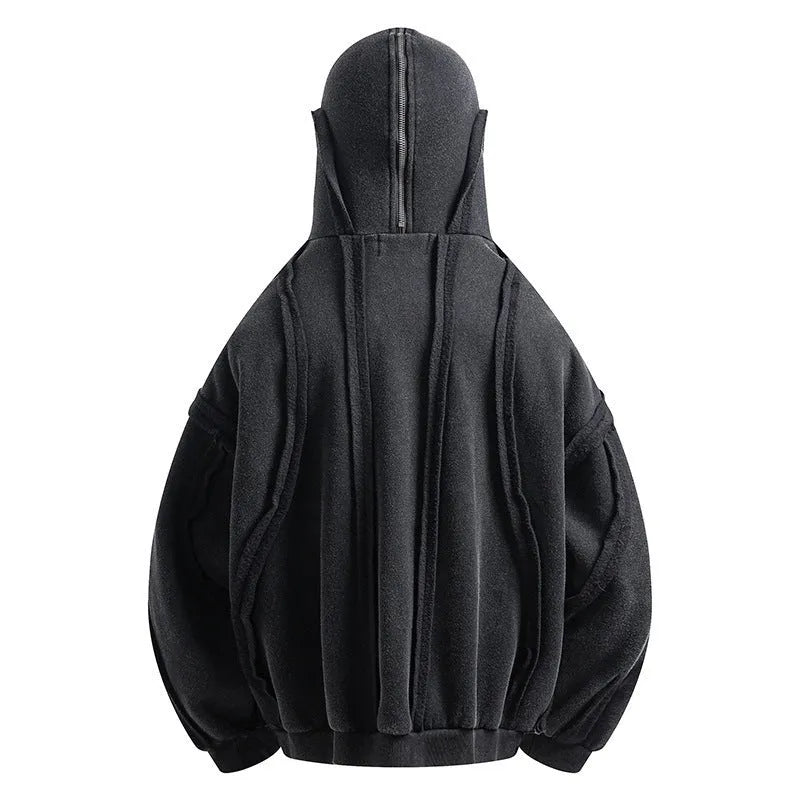 Black padded cotton cardigan with zip front, hood, and abstract pattern