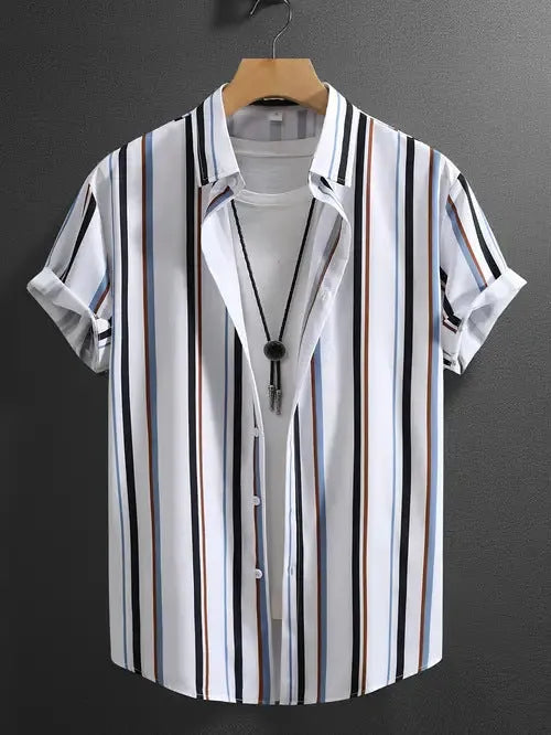 Man wearing a loose-fitting striped short sleeve shirt with a stand collar.