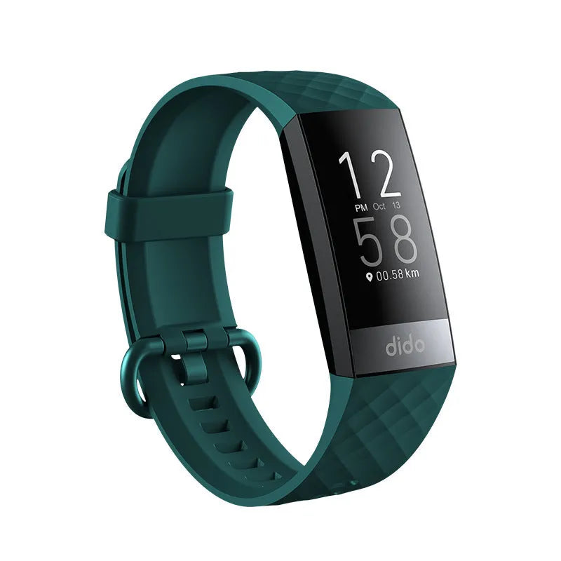 Smart bracelet on wrist showing blood pressure and ECG monitoring on its 1.1-inch screen.