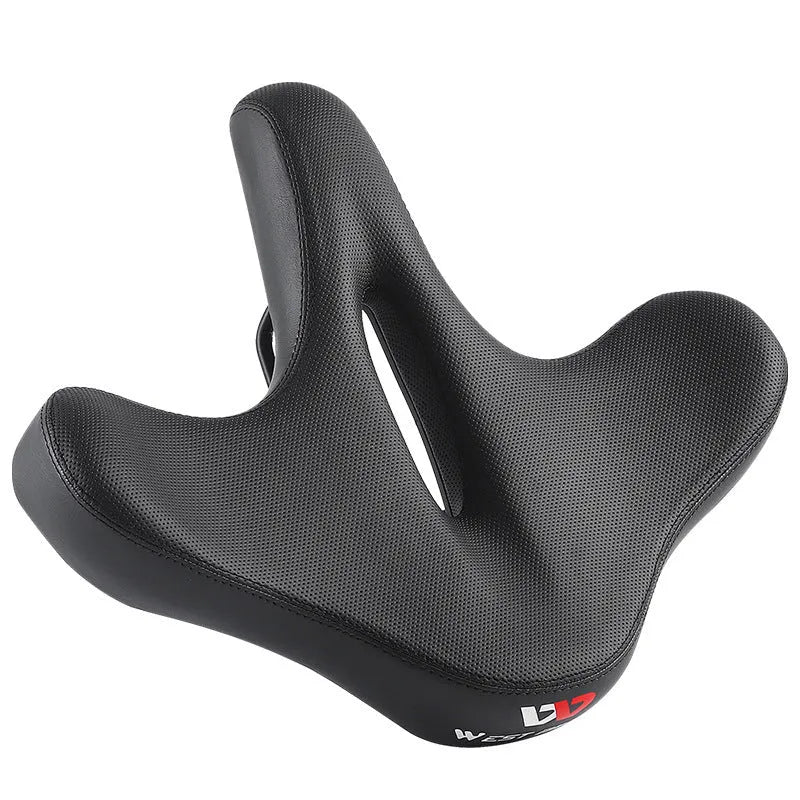 Black bicycle seat cushion made of leather and polyurethane foam for shock absorption.