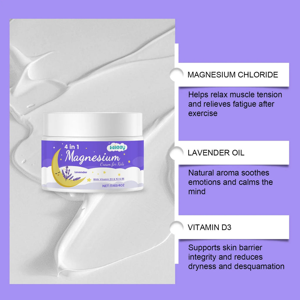 114g jar of 4-in-1 magnesium cream for children with vitamins and lavender oil
