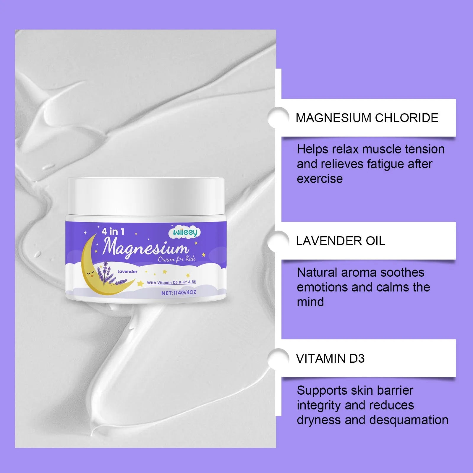 114g jar of 4-in-1 magnesium cream for children with vitamins and lavender oil