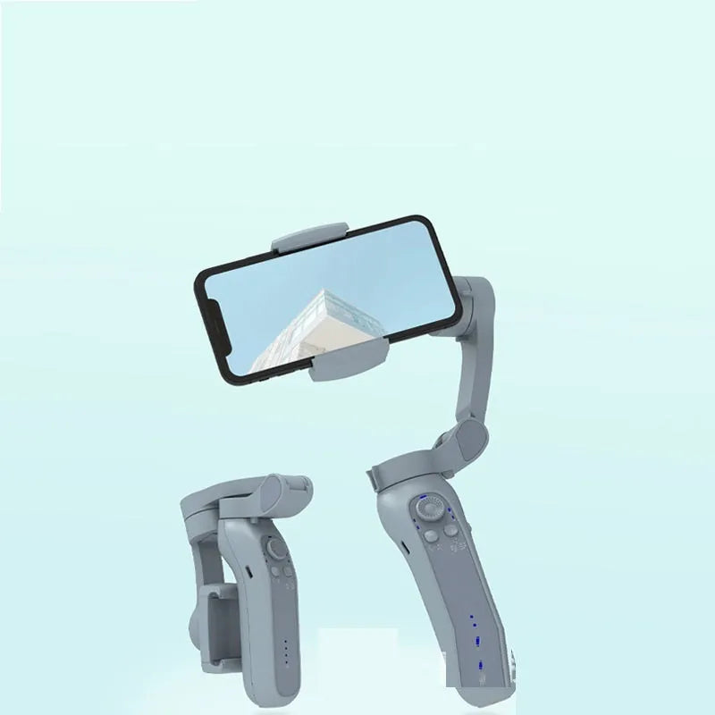 L7B PRO folding three-axis gimbal stabiliser for mobile phones shown in folded and unfolded states.