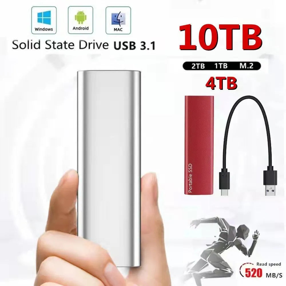 Ultra-thin metal mobile SSD expansion hard drive in red, shown with capacity options up to 30TB.