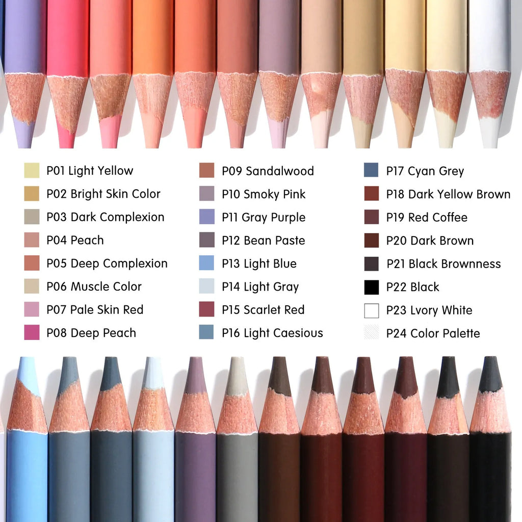 Round metal tin case open to show 24 skin tone colour pencils for portrait art
