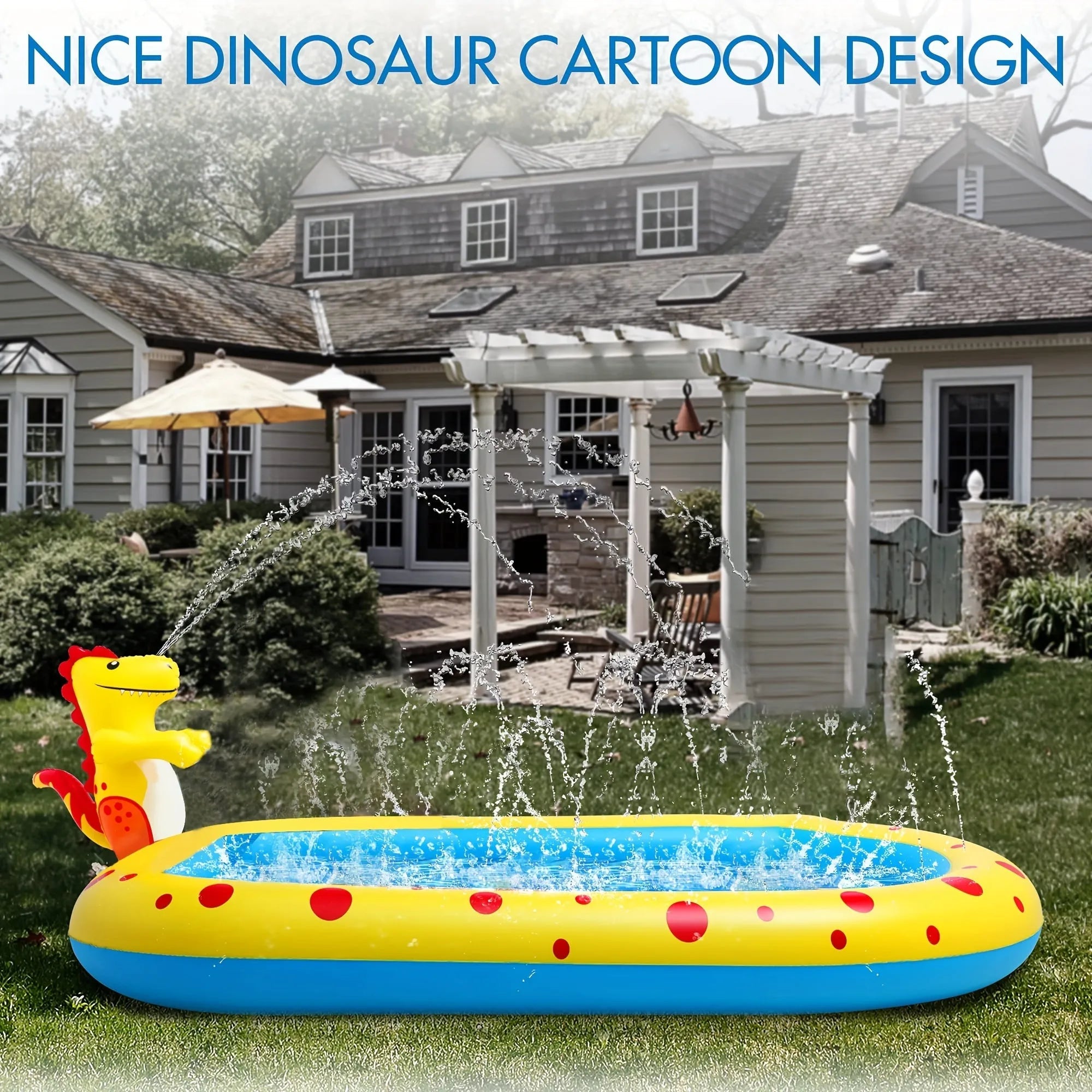 Blue dinosaur shark water spray pool measuring 170cm long with children playing