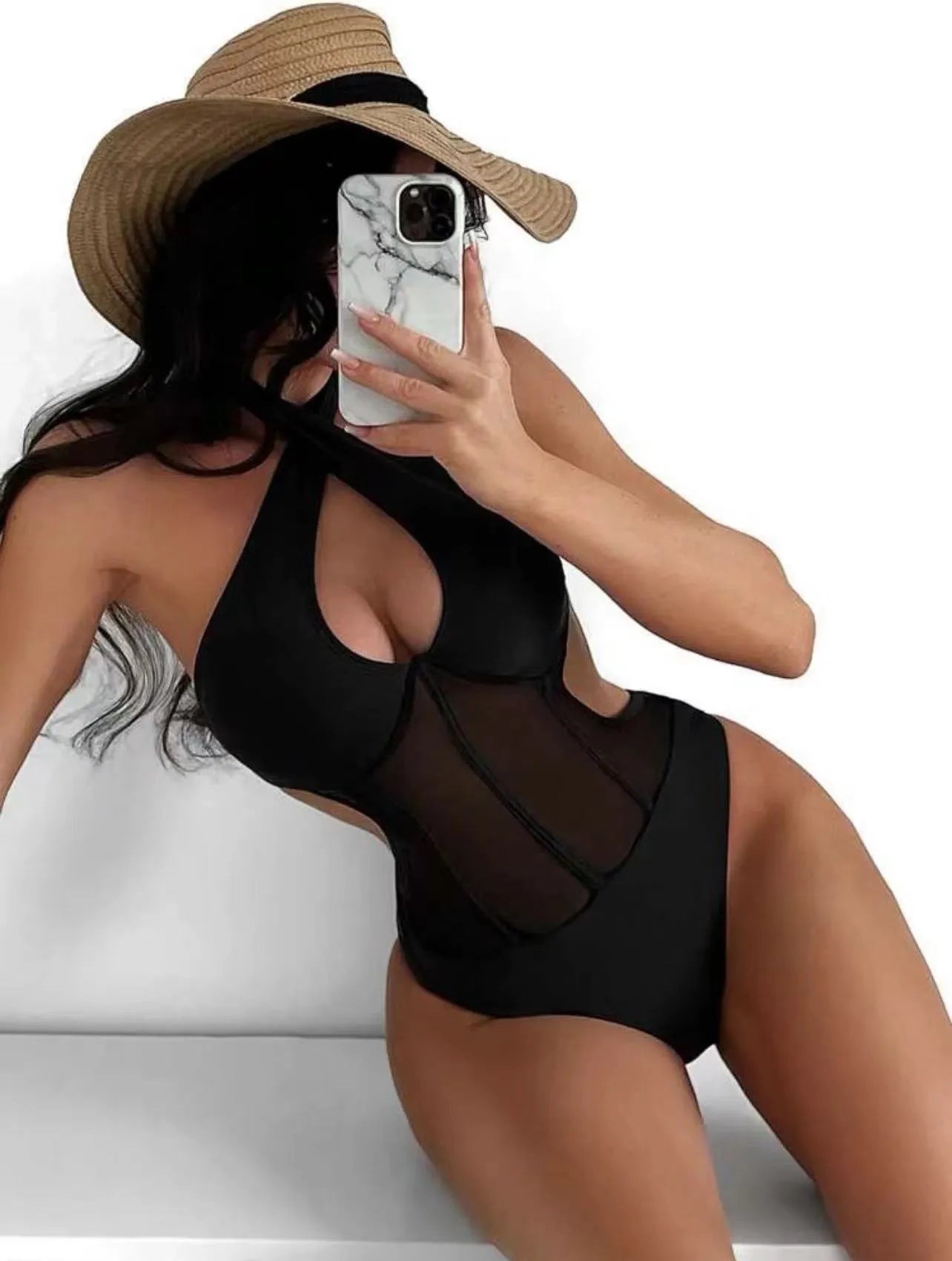 Women's black one-piece swimsuit bikini in spun yarn fabric with nylon and spandex blend