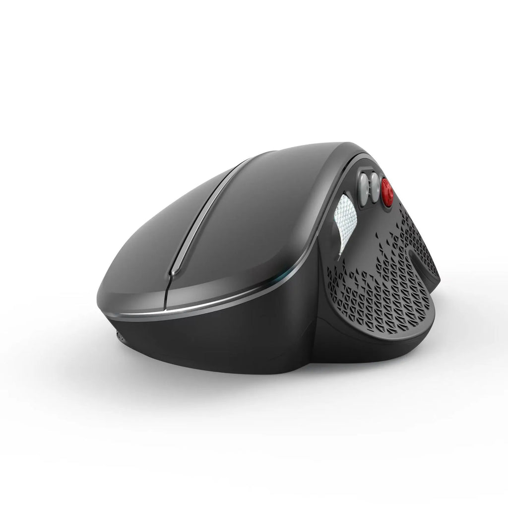 T32 wireless ergonomic vertical mouse in black matte finish showing aluminium side roller and USB receiver.