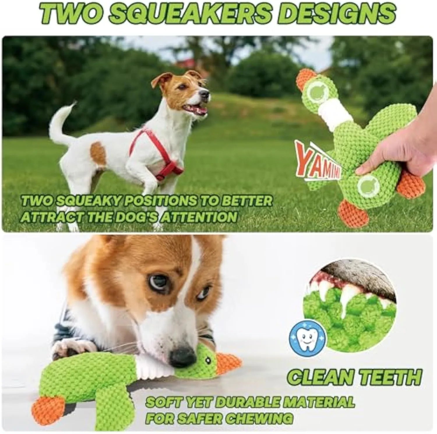 Blue duck-shaped dog plush toy with squeaker on a plain background