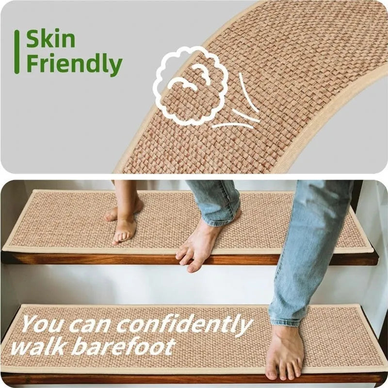 Japanese-style linen-look stair mat in camel colour on a wooden step.