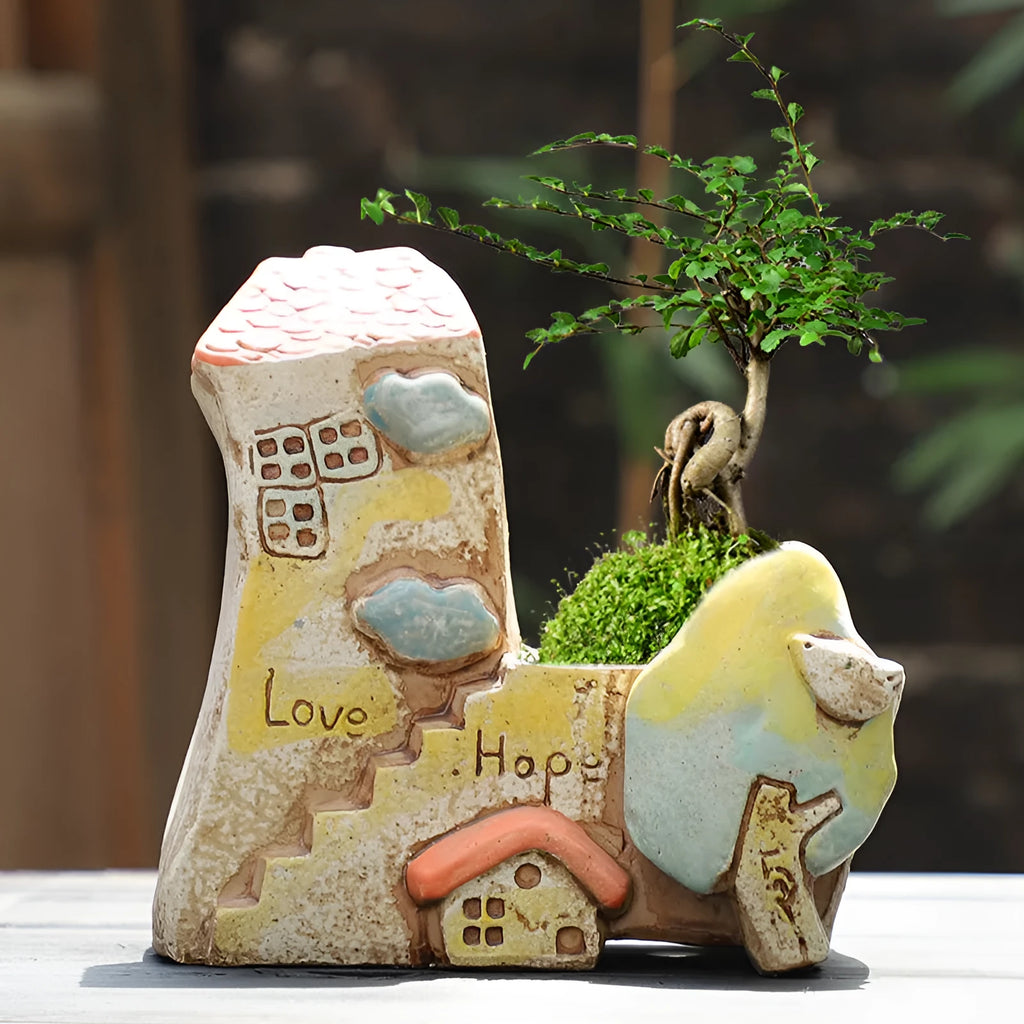 Large handmade ceramic flowerpot with pastoral hand-painted design for indoor plants