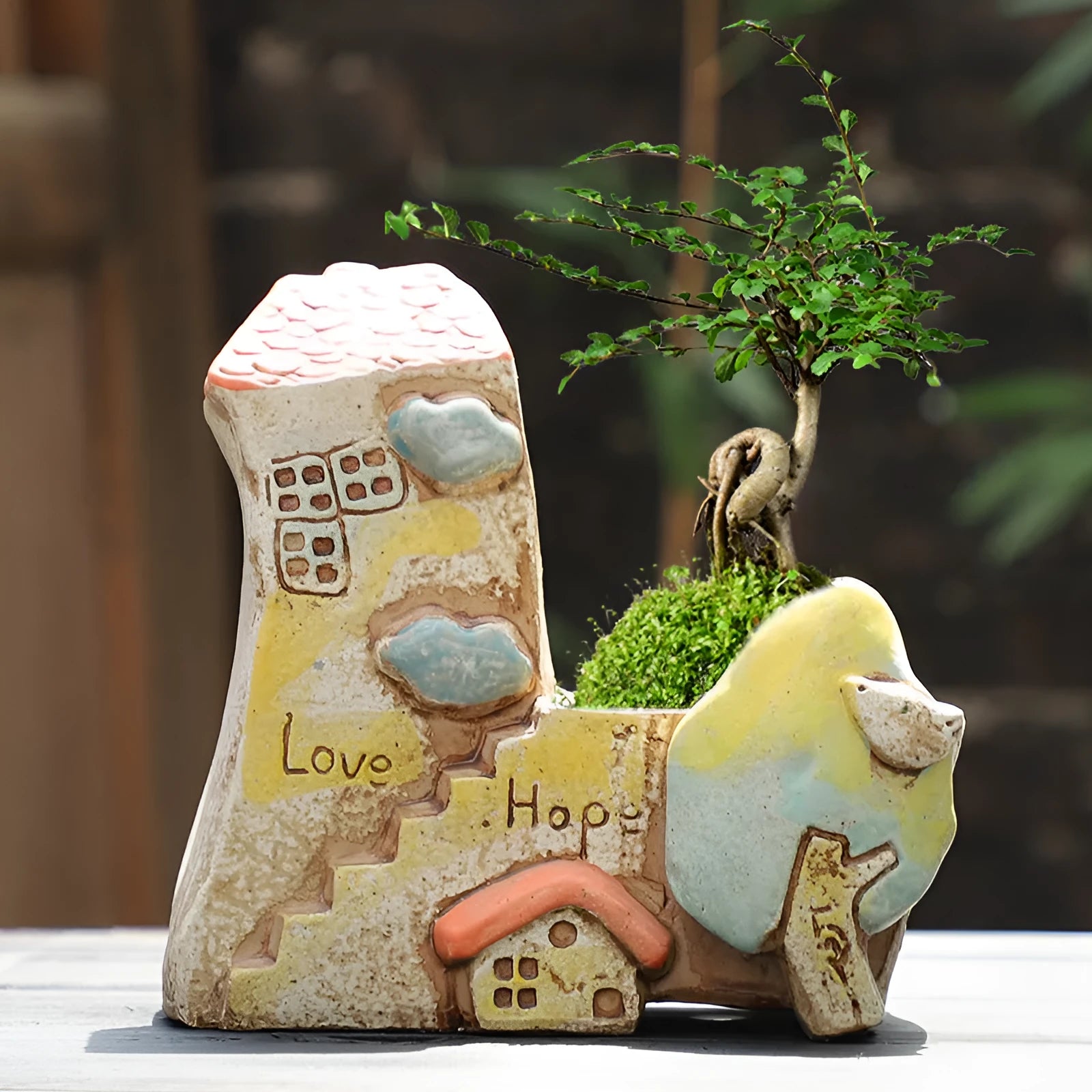 Large handmade ceramic flowerpot with pastoral hand-painted design for indoor plants