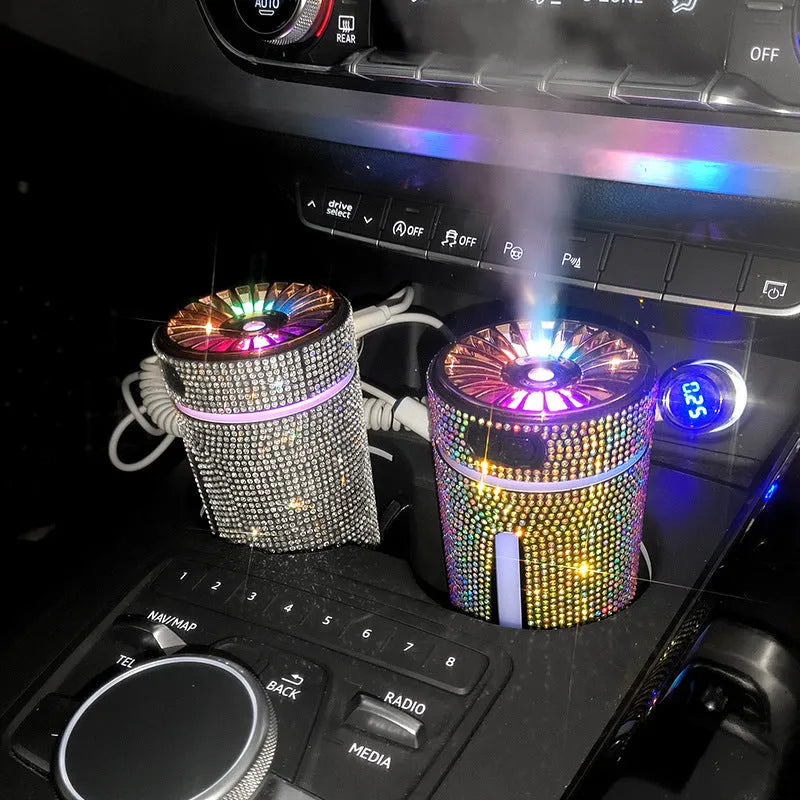 Rhinestone car humidifier with colourful LED lights, 15cm portable design for auto aromatherapy