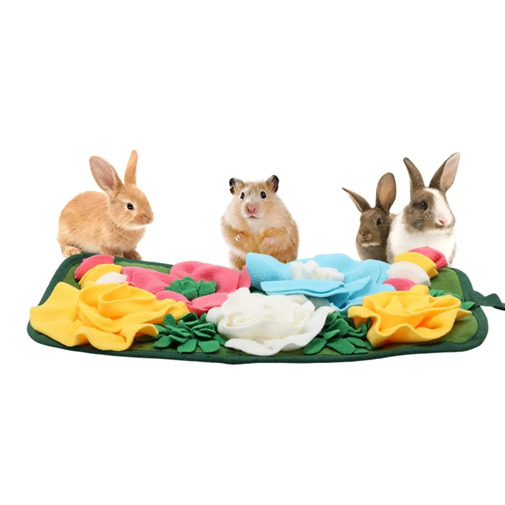 Grey Totoro-themed rabbit guinea pig foraging mat with square design and garden smelling elements