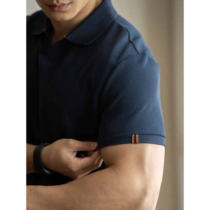 American-style blue cotton blend short sleeve polo shirt on hanger