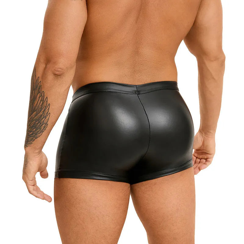 Black PU leather men's boxer shorts with a U-pouch design on a size chart.