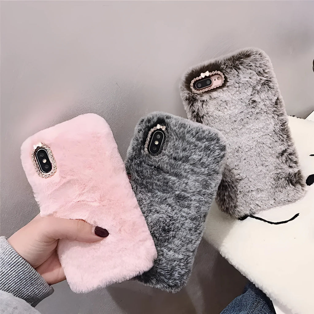 Silicone iPhone case with rhinestone decoration in grey plush bottom shell colour