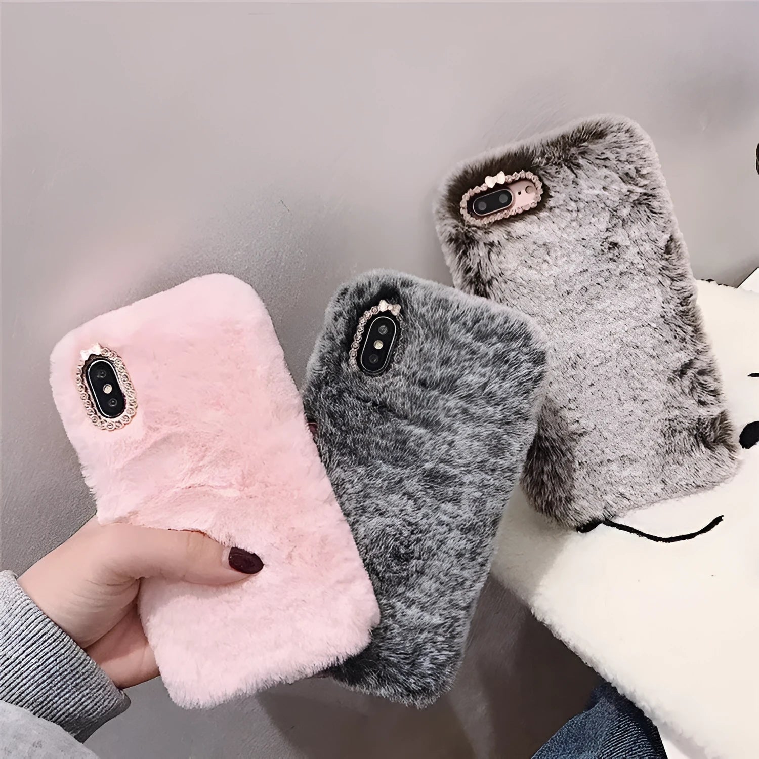 Silicone iPhone case with rhinestone decoration in grey plush bottom shell colour