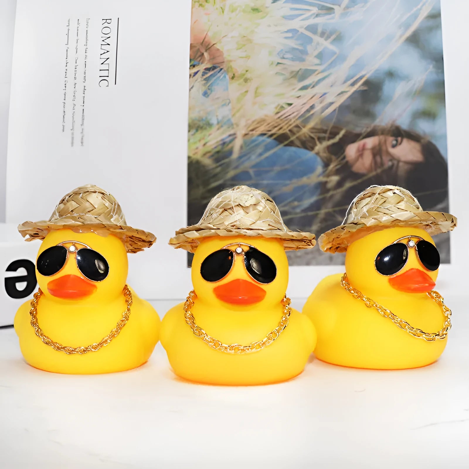 Yellow duck wearing straw hat car dashboard ornament with adhesive gel and sunglasses accessory